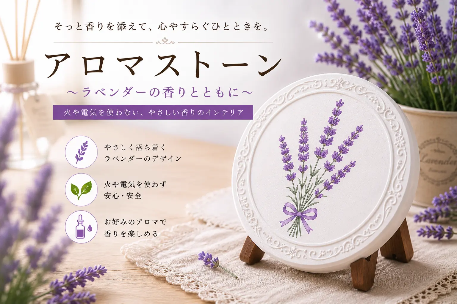 ラベンダーデザイン 置き型アロマストーン 上品なフラワー柄／円形タイプ