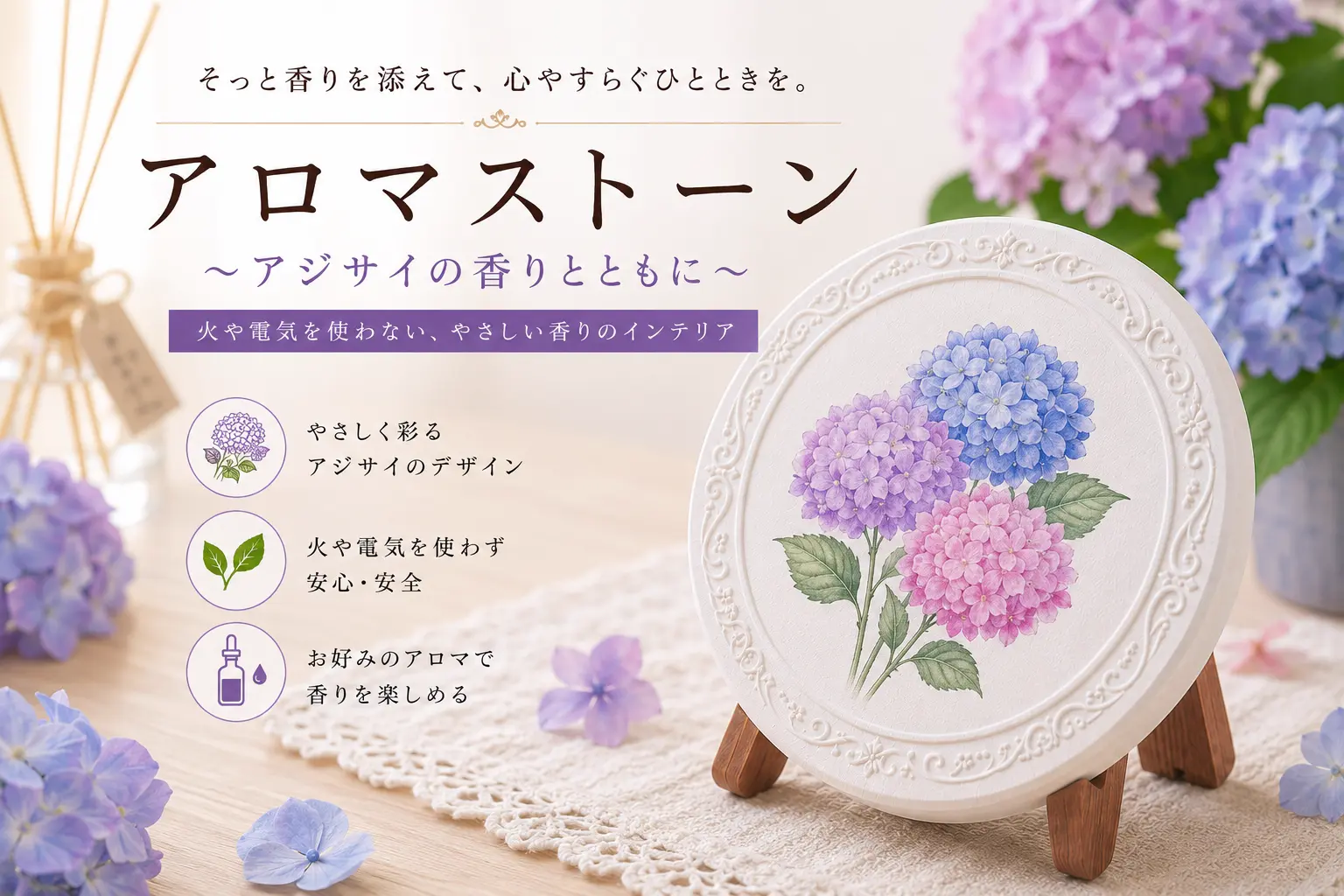 アジサイデザイン 置き型アロマストーン 彩り豊かなフラワー柄／円形タイプ
