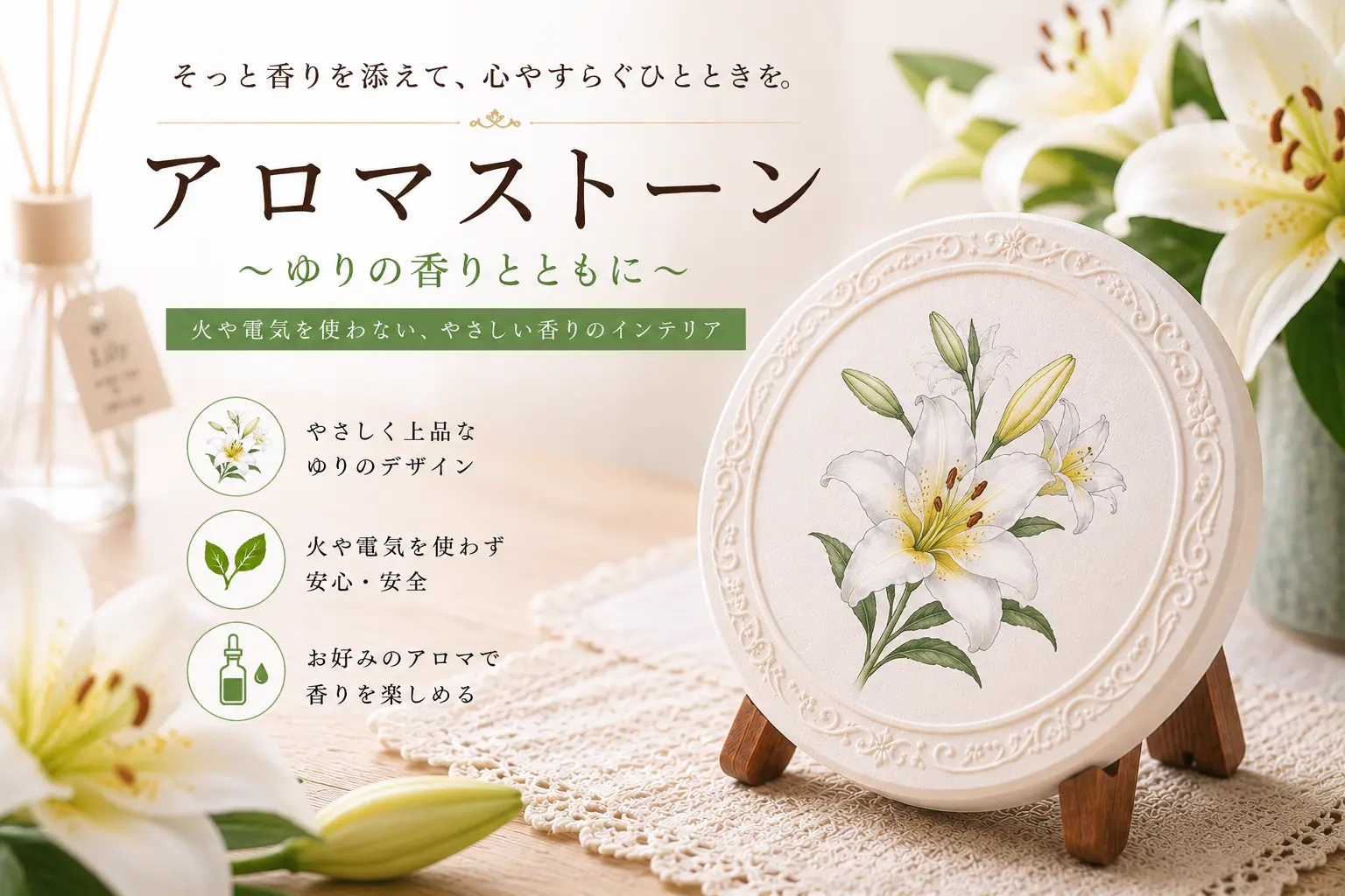 ゆりデザイン 置き型アロマストーン 上品なフラワー柄／円形タイプ