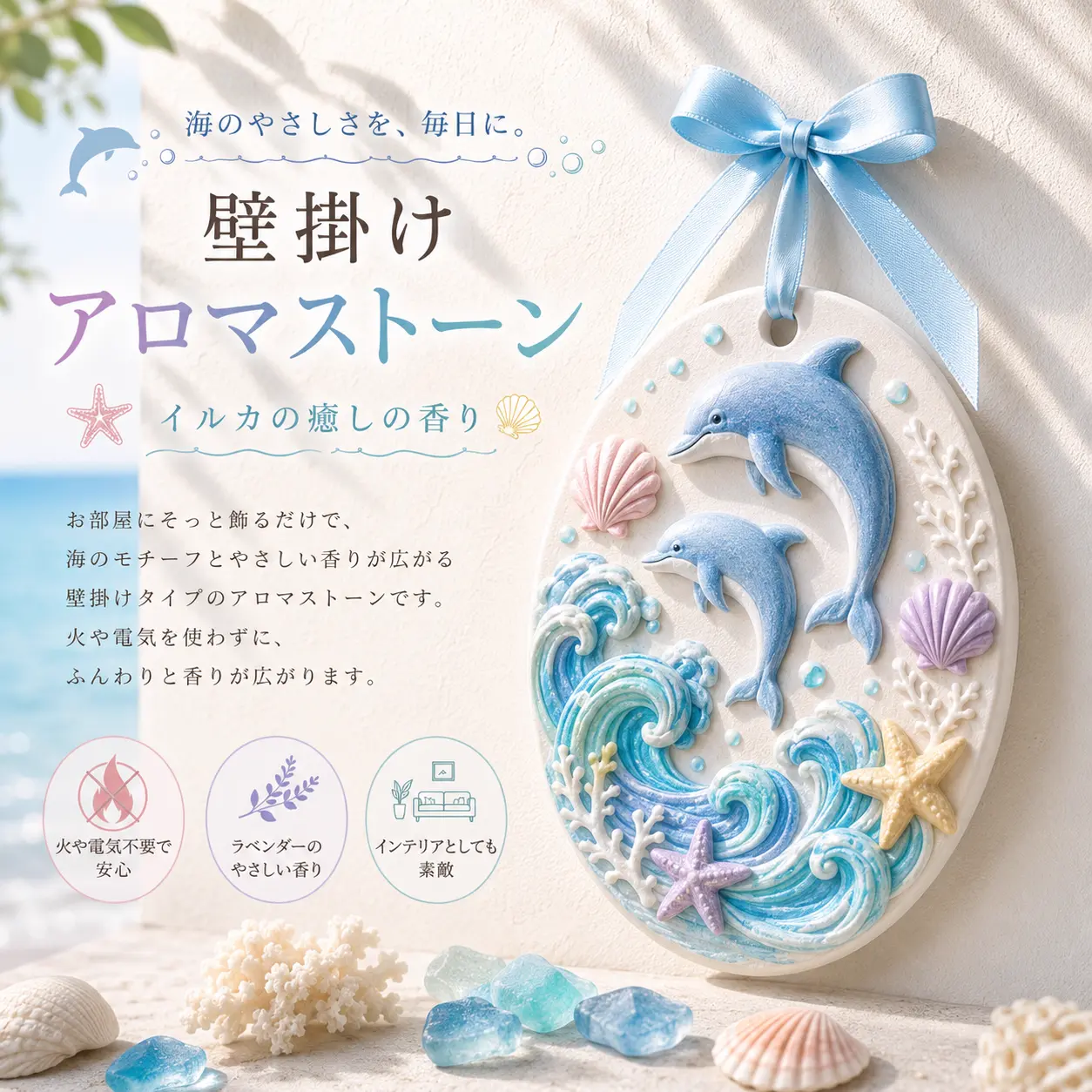 海モチーフ 壁掛けアロマストーン イルカデザイン／リボン付き