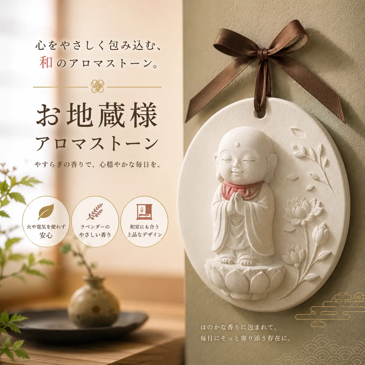 和モチーフ 壁掛けアロマストーン お地蔵様デザイン／リボン付き