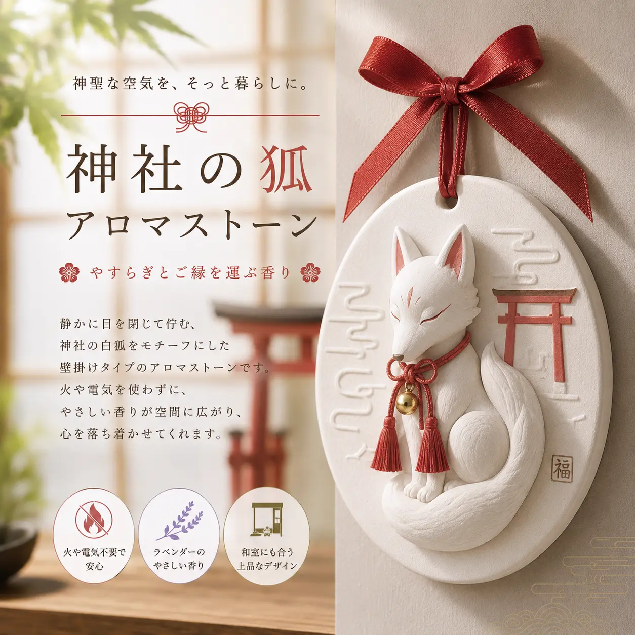 和モチーフ 壁掛けアロマストーン 神社の白狐デザイン／リボン付き