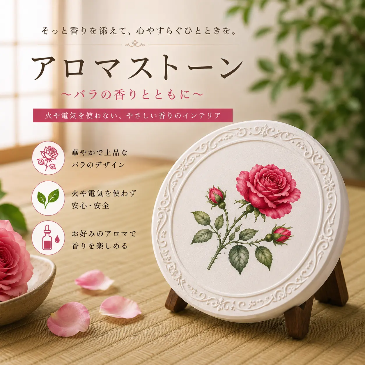 バラデザイン 置き型アロマストーン 華やかなローズ柄／円形タイプ