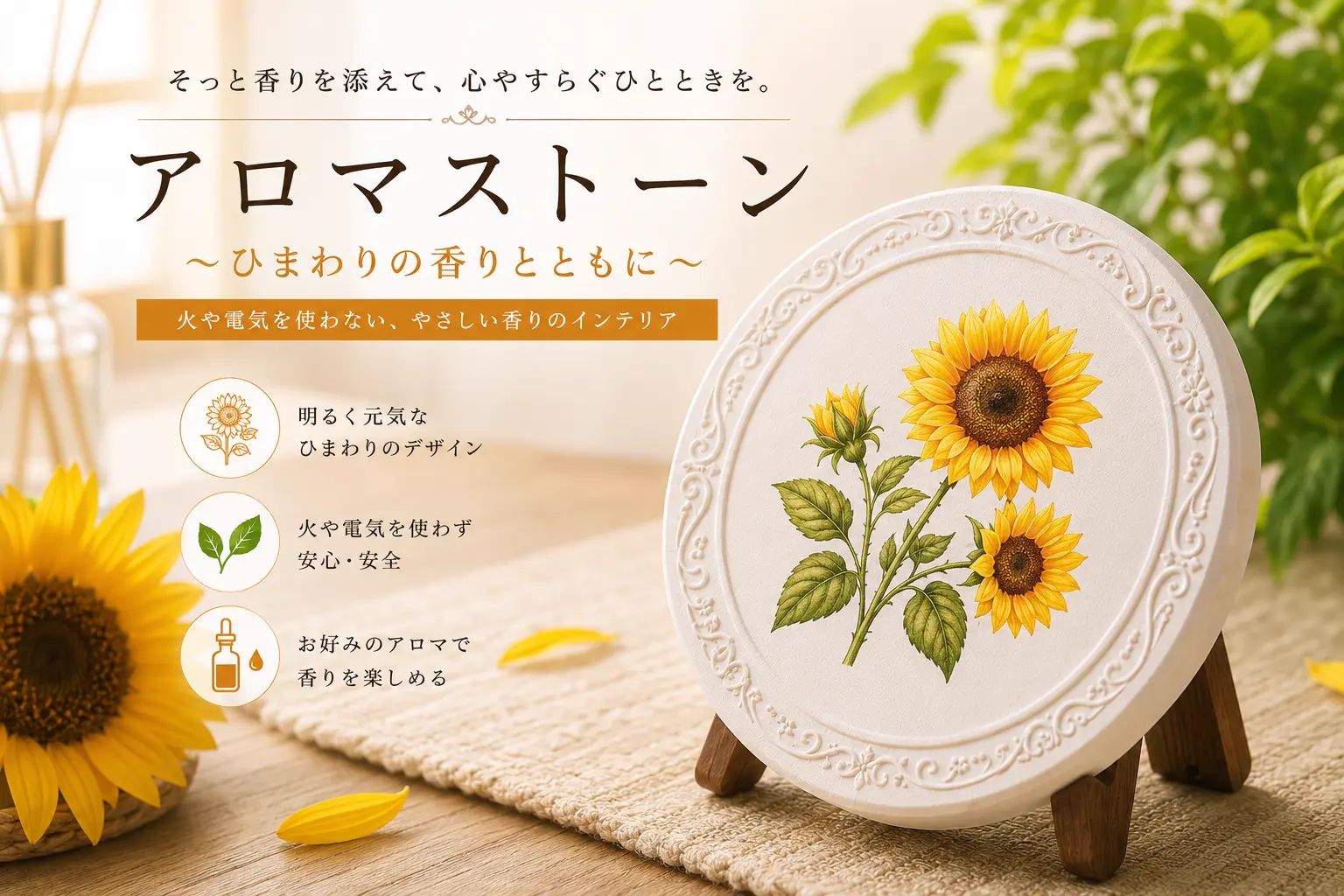 ひまわりデザイン 置き型アロマストーン 華やかなフラワー柄／円形タイプ